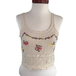 Rebellion Again 100% Cotton Crochet‎ Tank Top Beige Floral Embroidered Small